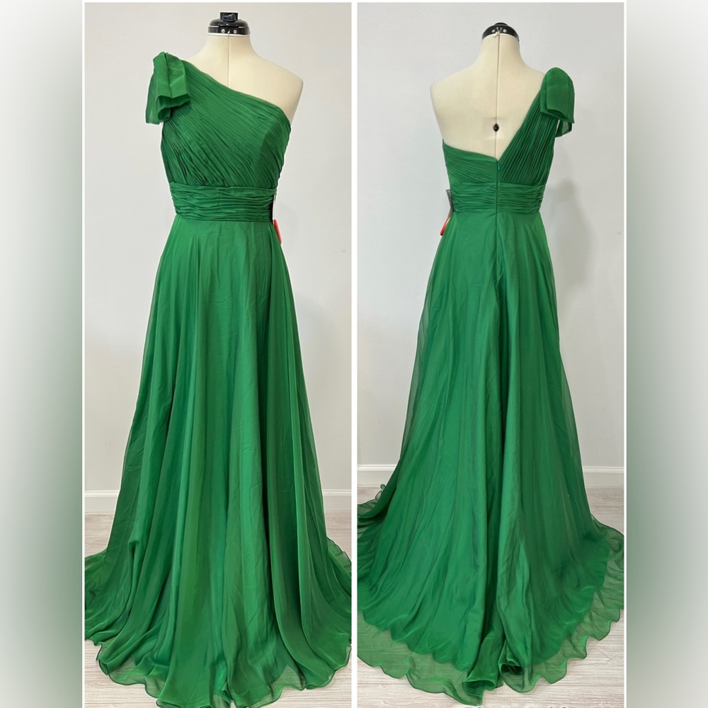 Mac Duggal Chiffon Pleated Asymmetrical Neck Shoulder Bow Gown - Picture 3 of 9